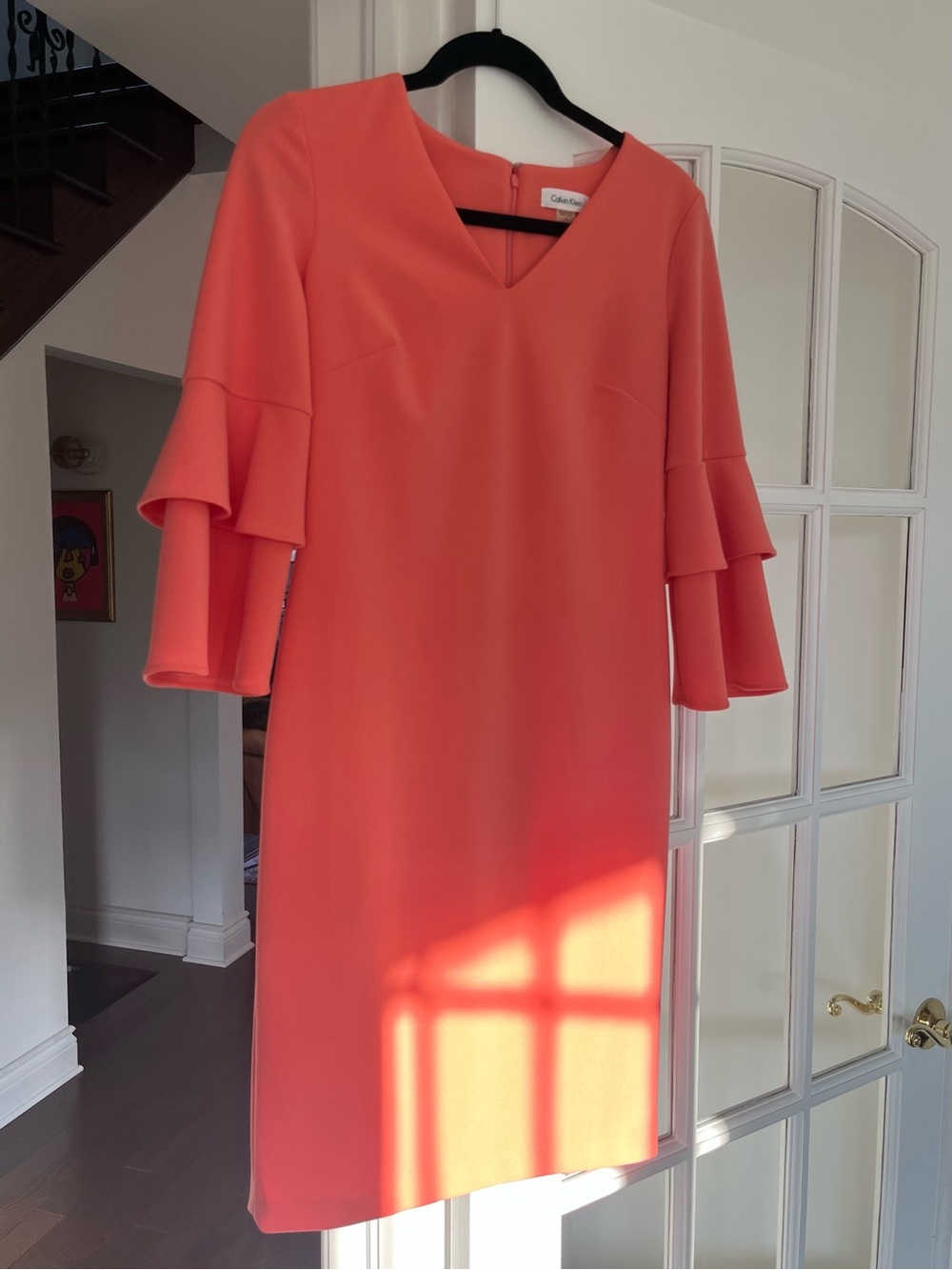 Calvin Klein Coral Ruffle Sleeve V-Neck Midi Dress